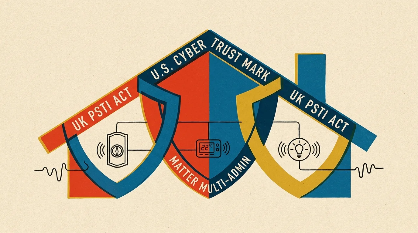 Illustration of a house shape framed with security shields labeled UK PSTI Act, U.S. Cyber Trust Mark, and Matter Multi-Admin.