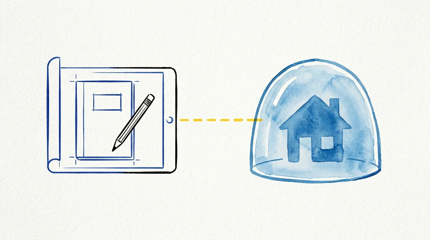 Watercolor illustration of a tablet with a blueprint and pencil connected by a dashed line to a house under a glass dome.