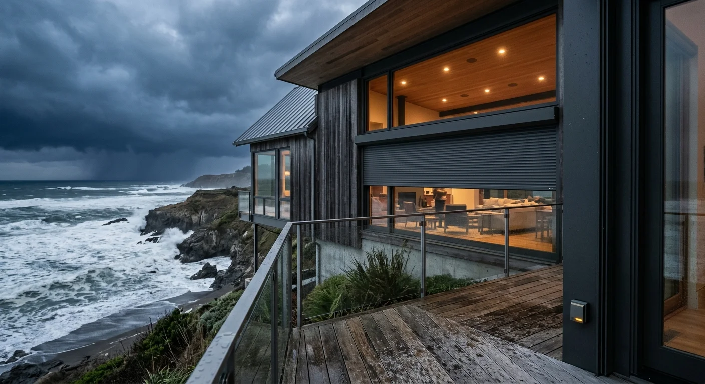 Modern coastal cliffside house lowering motorized storm shutters over large glass windows as dark storm clouds gather over the ocean.