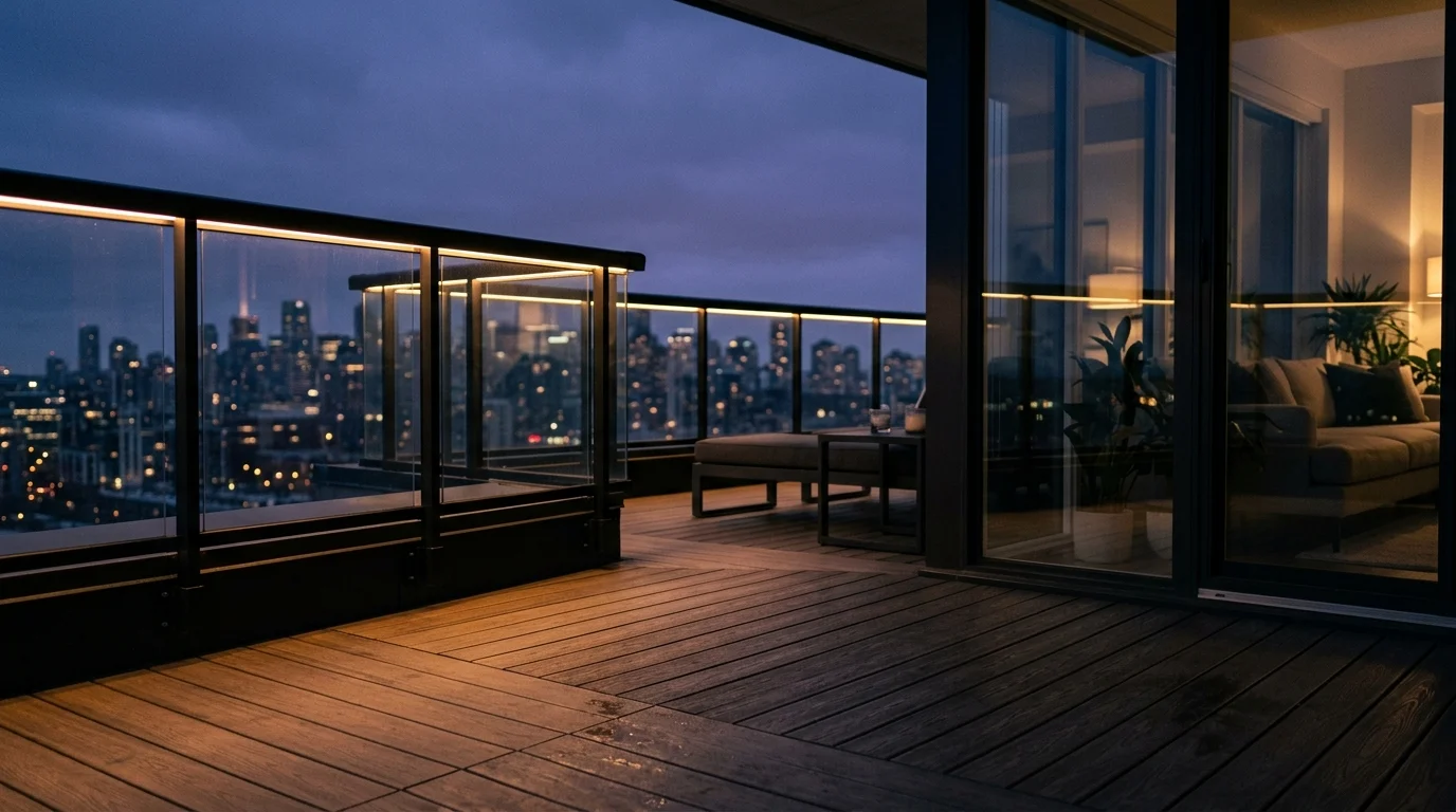 Modern balcony deck at dusk with under-rail lighting, glass railings, outdoor furniture, and a city skyline view.
