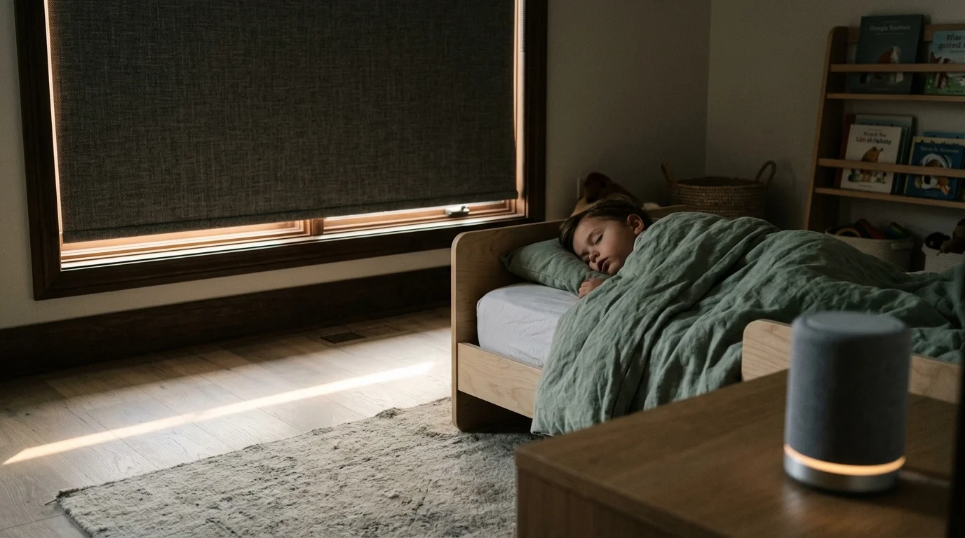 A child sleeping in a toddler bed next to a partially raised window blind and a smart speaker glowing on a nightstand.