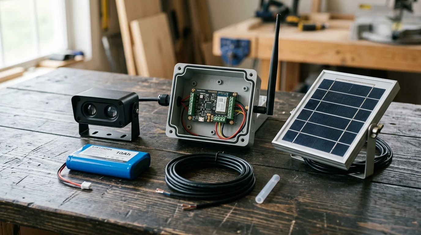 Dual-lens sensor, circuit board inside a weatherproof enclosure with an antenna, small solar panel, battery, and wire.