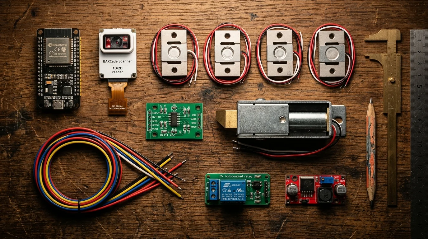 Electronic components including an ESP32 board, barcode reader, load cells, relay, solenoid latch, and wires on wood.