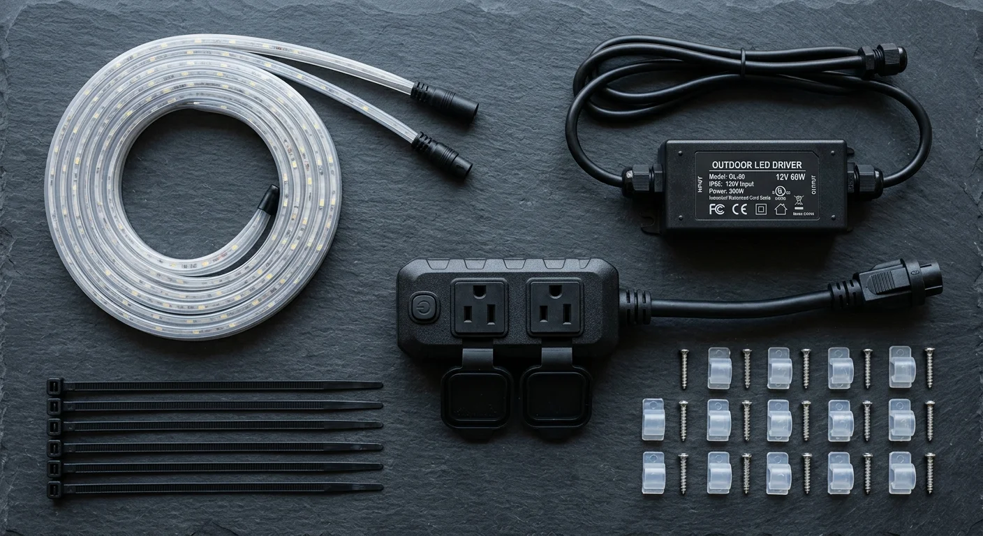 Coiled LED light strip, outdoor LED driver, two-outlet outdoor smart plug, zip ties, and mounting clips on dark slate.