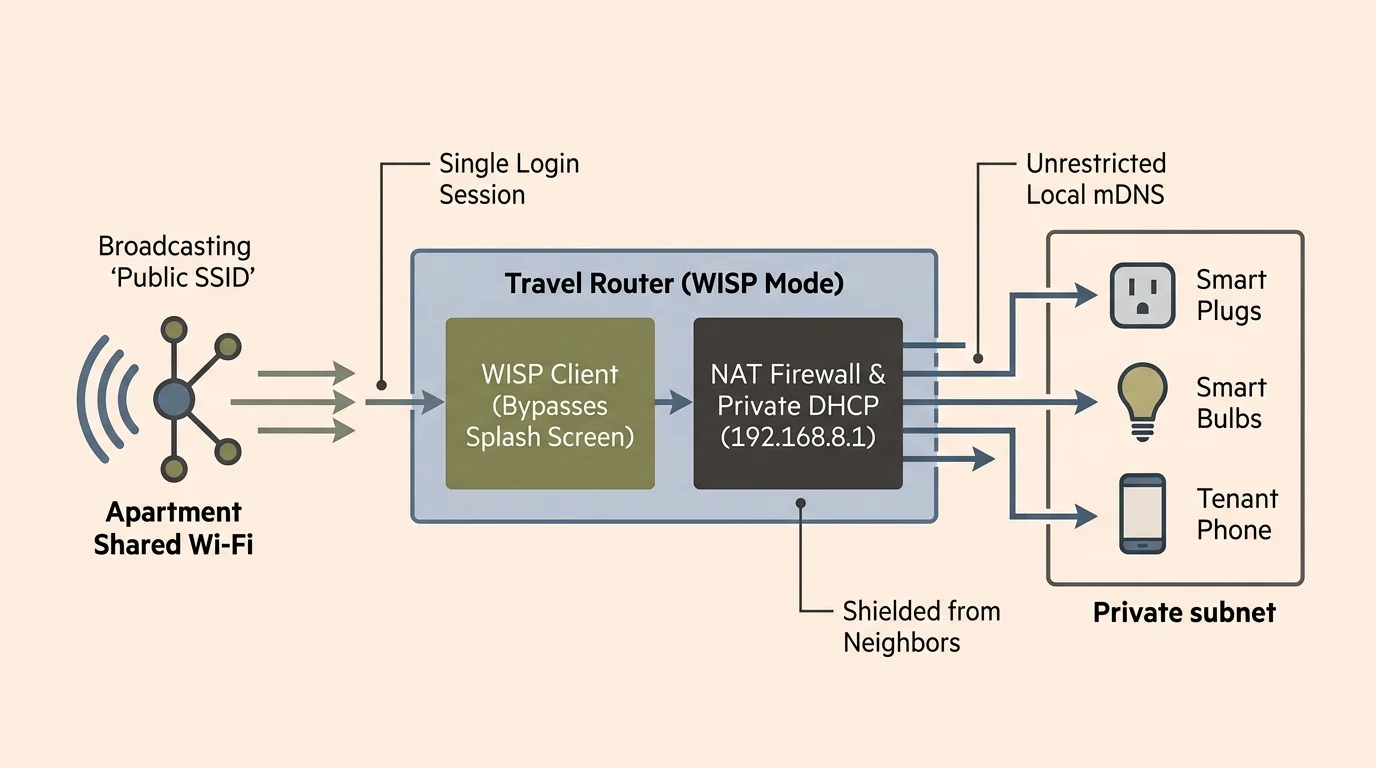 Diagram showing apartment shared Wi-Fi connecting to a travel router in WISP mode, feeding a private subnet of devices.