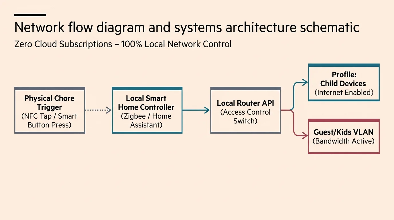 Diagram showing workflow from physical chore trigger to local controller, router API, and child network profiles.