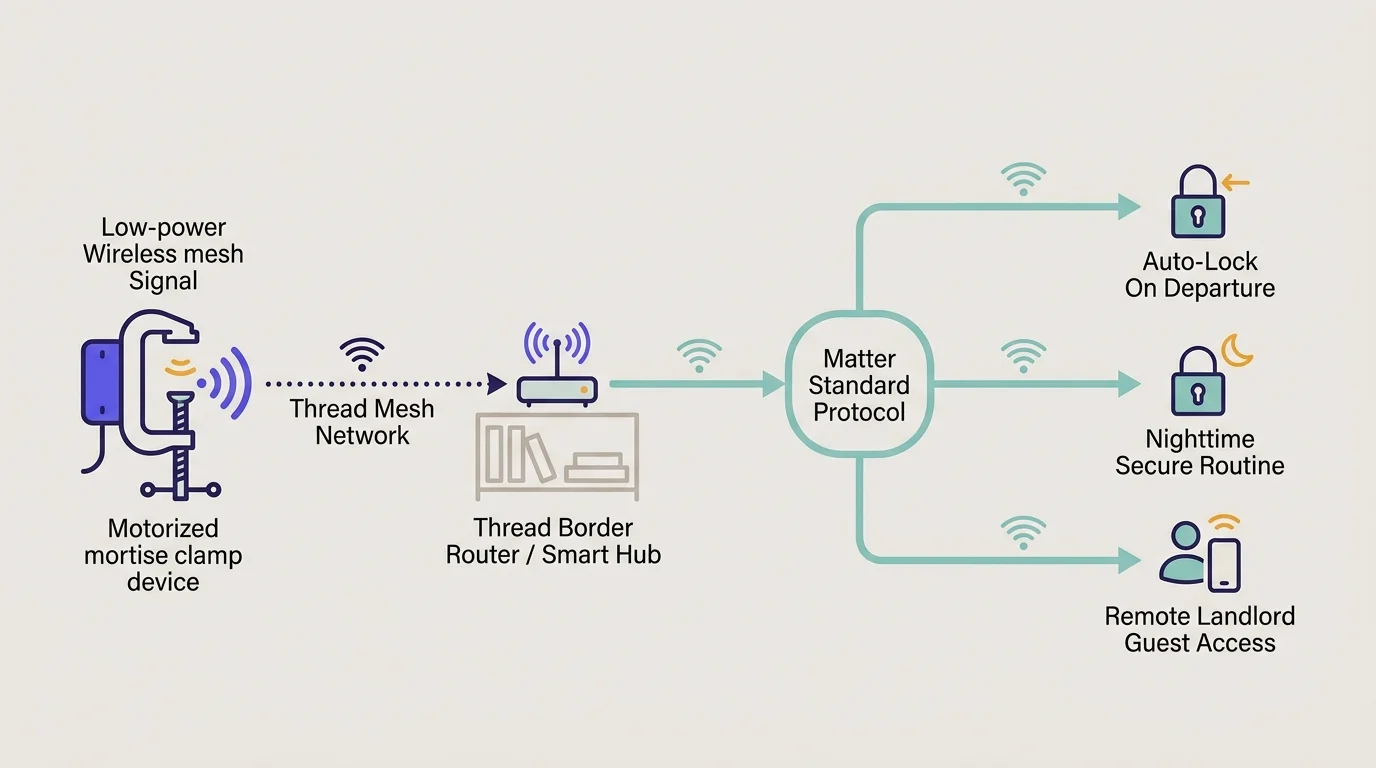 Diagram mapping wireless signals from a motorized clamp lock to a Thread border router and Matter protocol routines.