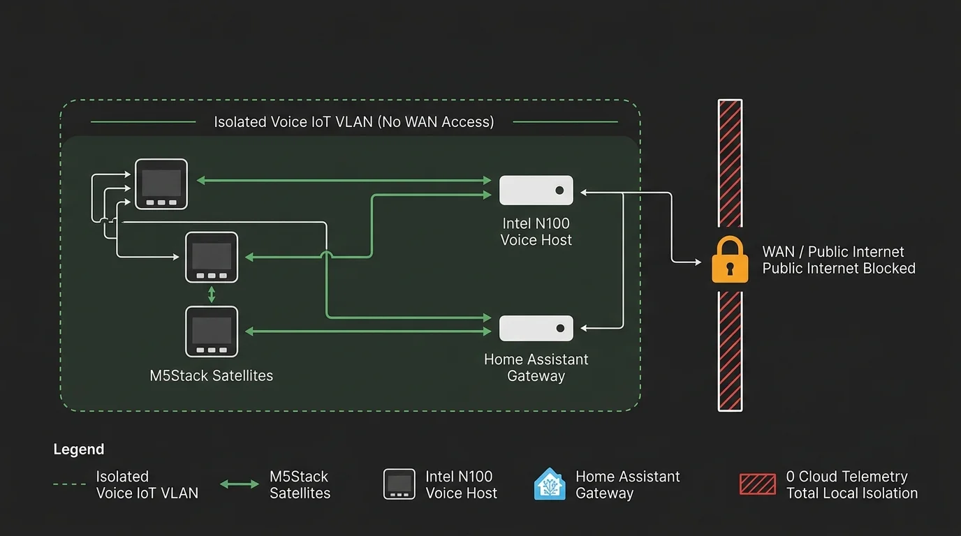 Network diagram showing M5Stack satellites and local host devices connected within an isolated VLAN, blocked from WAN.