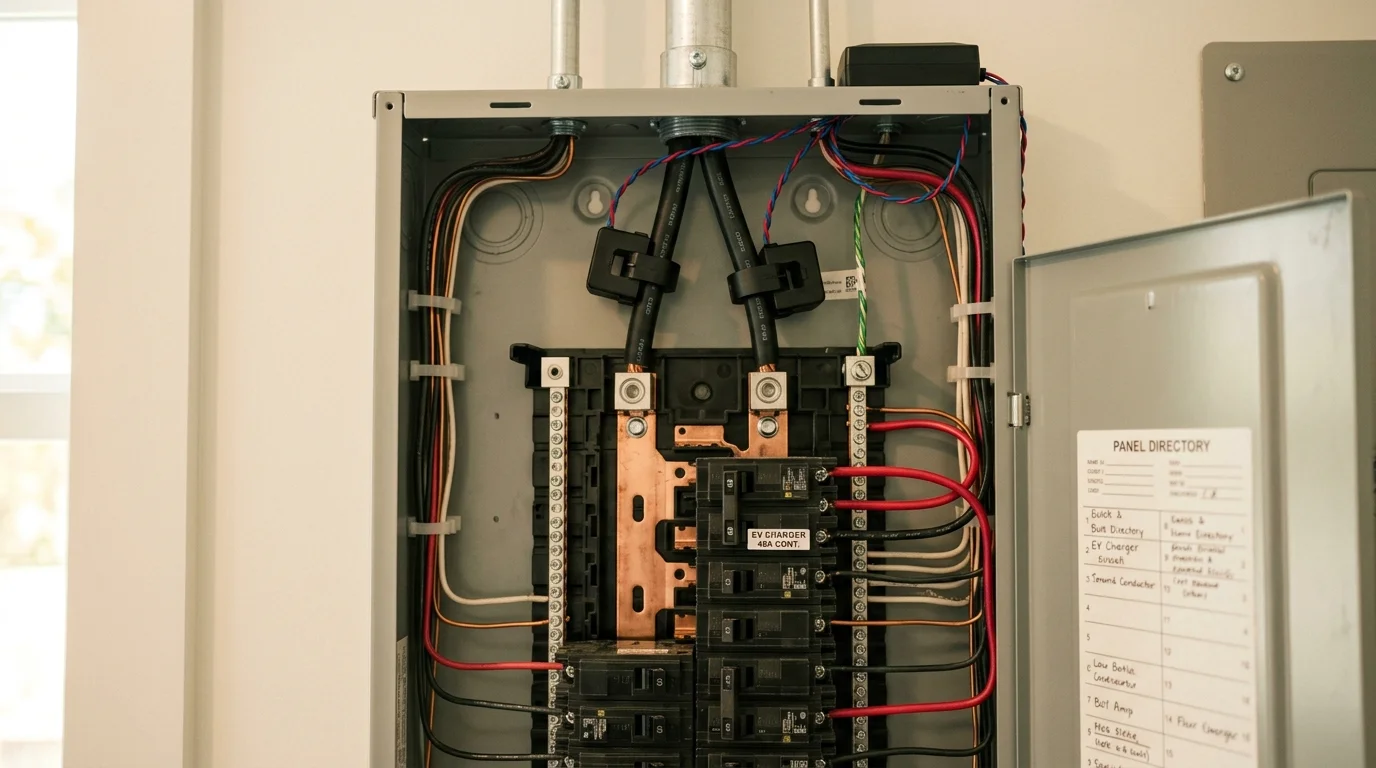 Open electrical service panel with wiring and a two-pole circuit breaker labeled EV CHARGER 48A CONT.