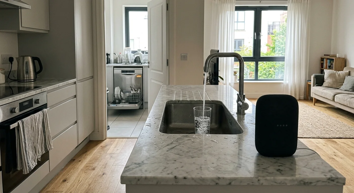 Smart speaker sitting on a marble kitchen island next to a running faucet filling a glass of water.