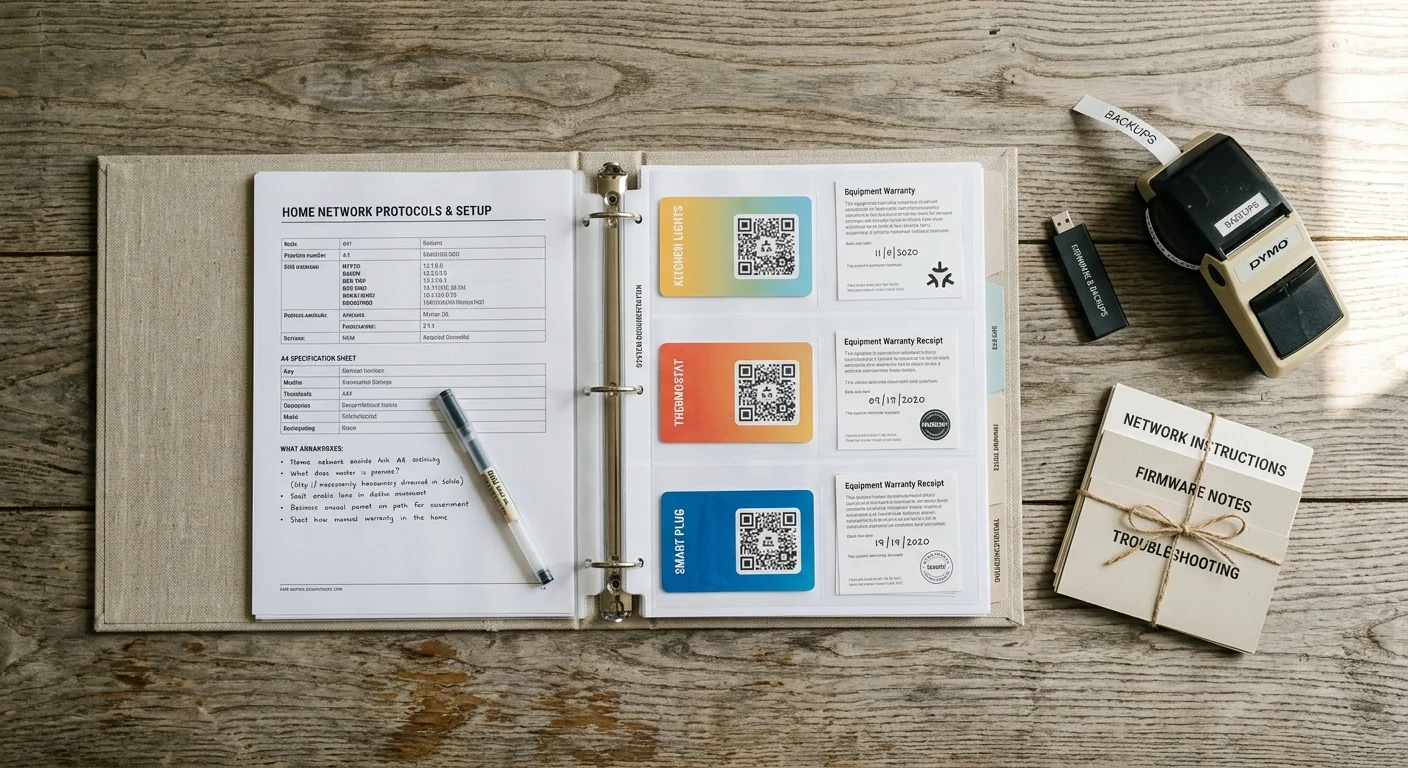 Open three-ring binder with smart home setup sheets, QR code cards, a label maker, USB drive, and instruction cards.