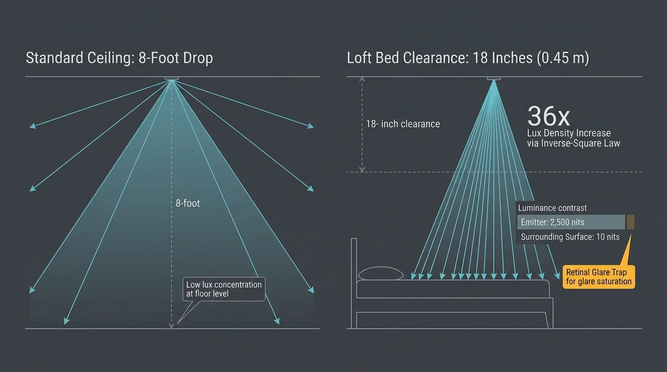 Diagram comparing light spread from an 8-foot ceiling drop versus concentrated light rays over an 18-inch bed clearance.