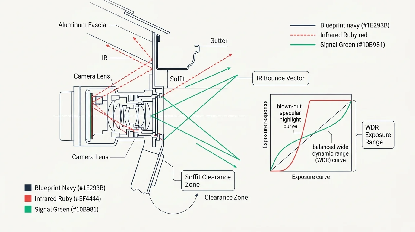 Technical diagram showing camera lens cross-section under a soffit and gutter with IR bounce vectors and an exposure graph.