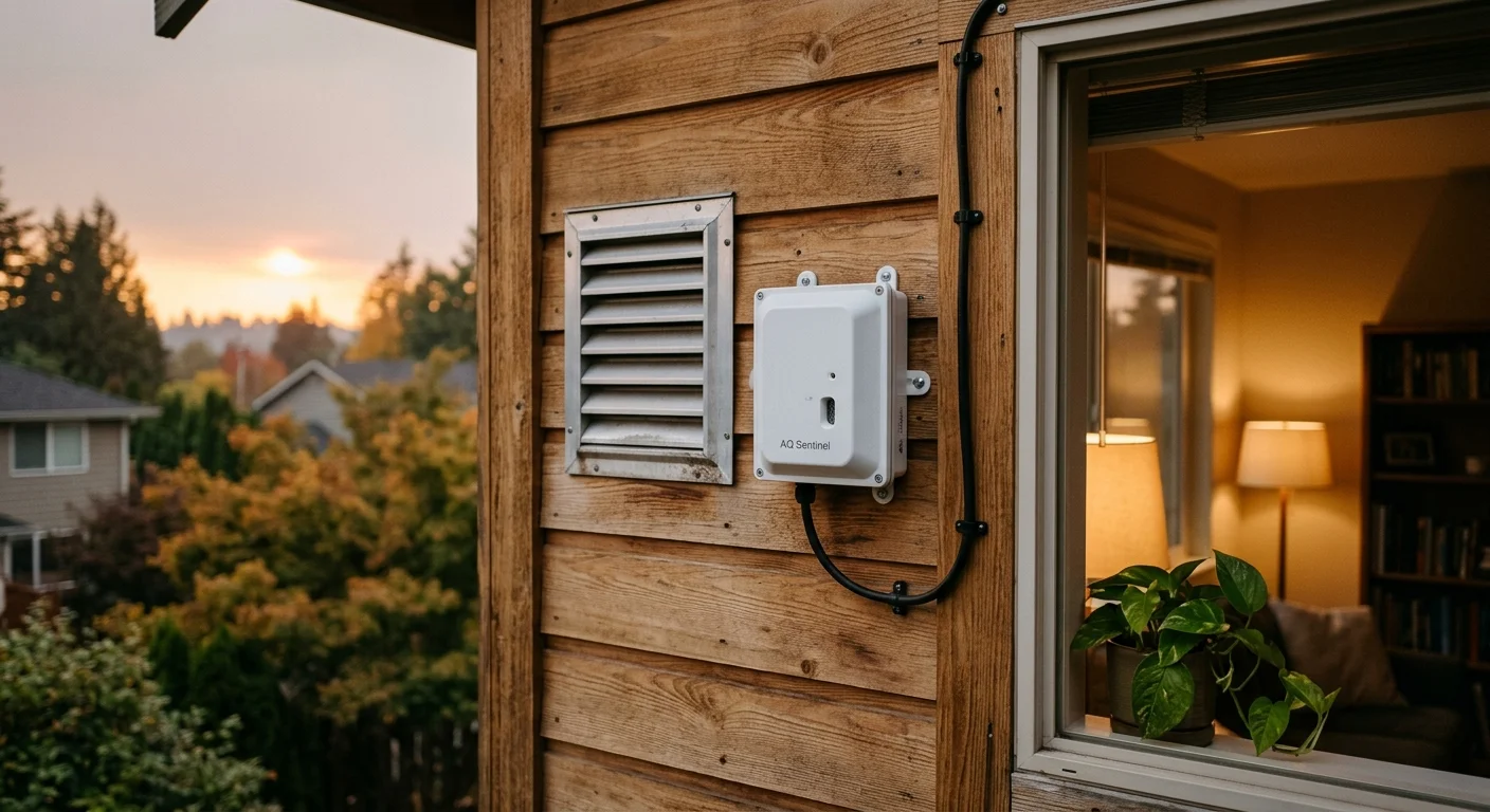 White sensor box mounted on exterior wood siding next to a metal intake vent and a house window at sunset.