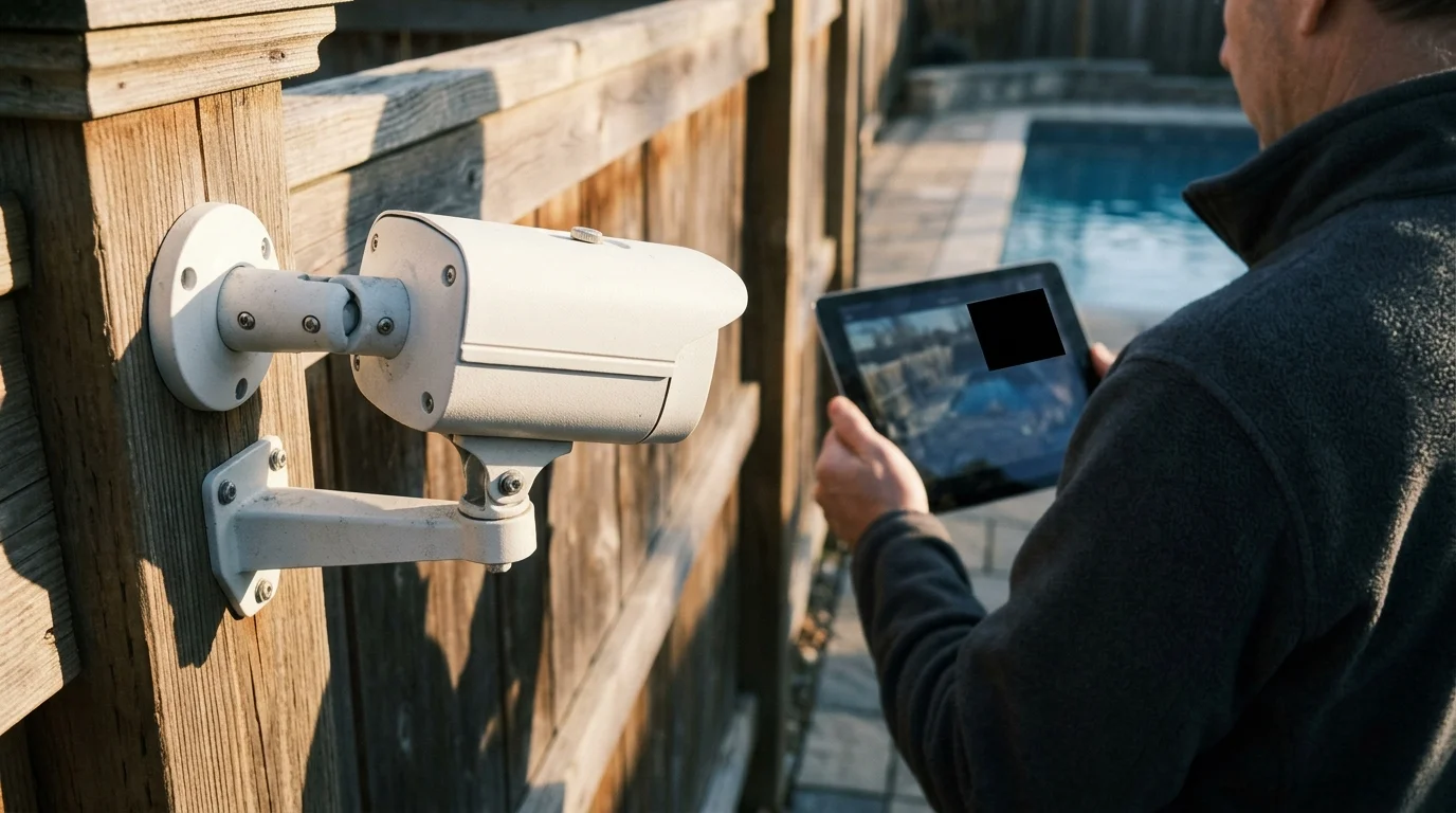 A security camera mounted on a wooden fence beside a man viewing a tablet screen with a black privacy box.