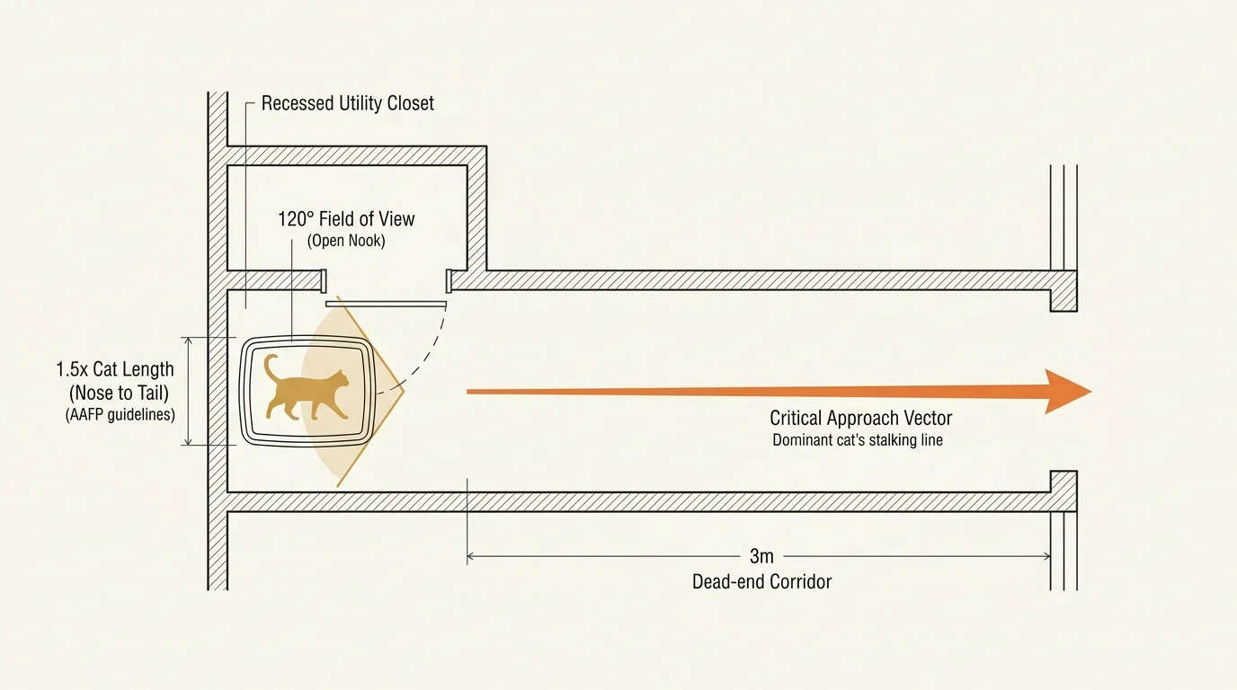 Floor plan diagram of a dead-end corridor with a litter box, showing a cat's field of view and critical approach vector.