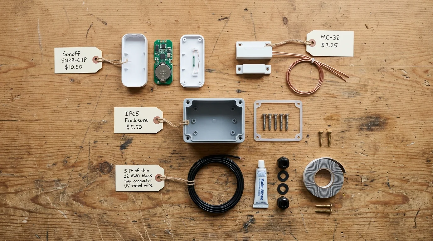 Electronic components, waterproof enclosure, wire, and hardware laid out on a wooden surface with labeled price tags.