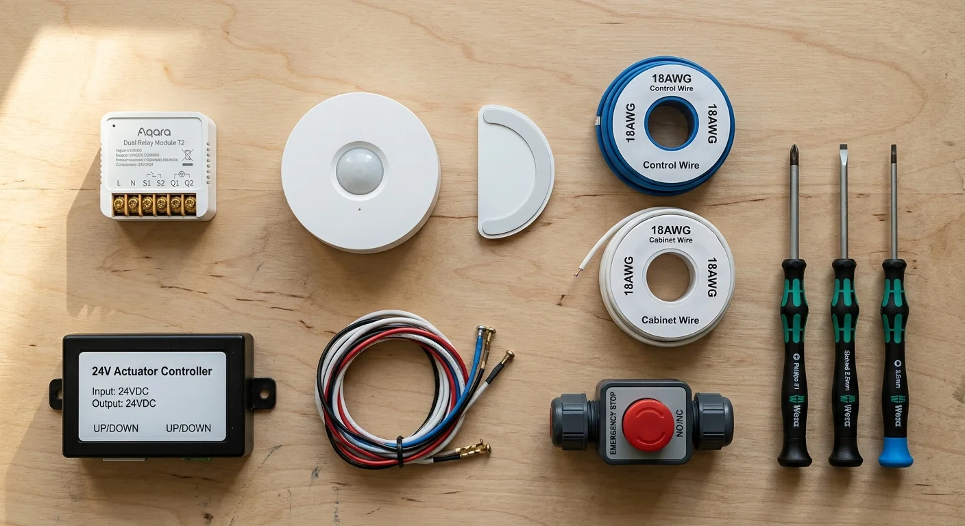 Hardware flat lay on plywood with Aqara relay, sensor, 24V actuator controller, emergency stop switch, wire spools, and screwdrivers.