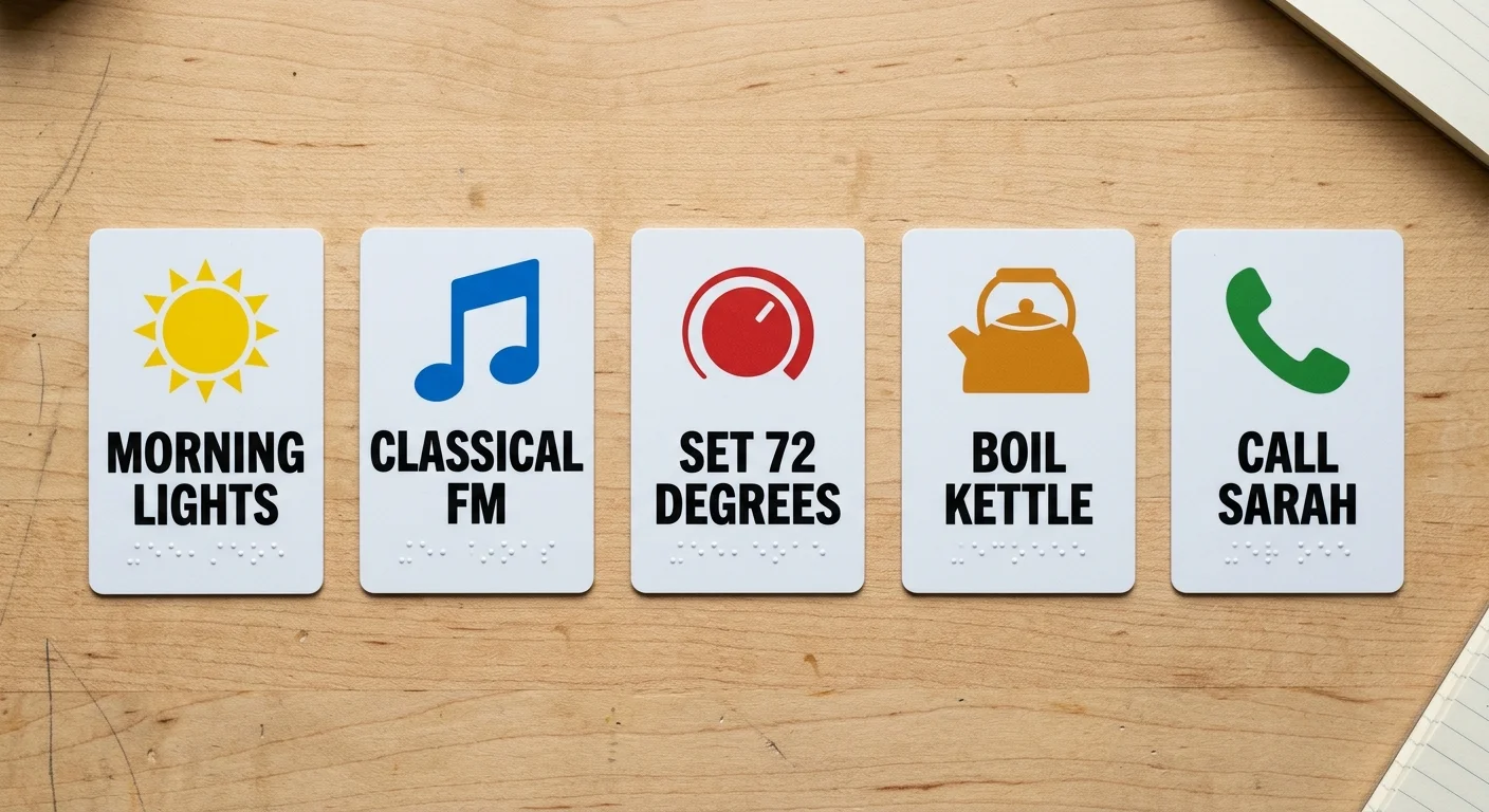 Five white tactile cards with colorful icons, bold text, and braille dots arranged on a wooden desk.