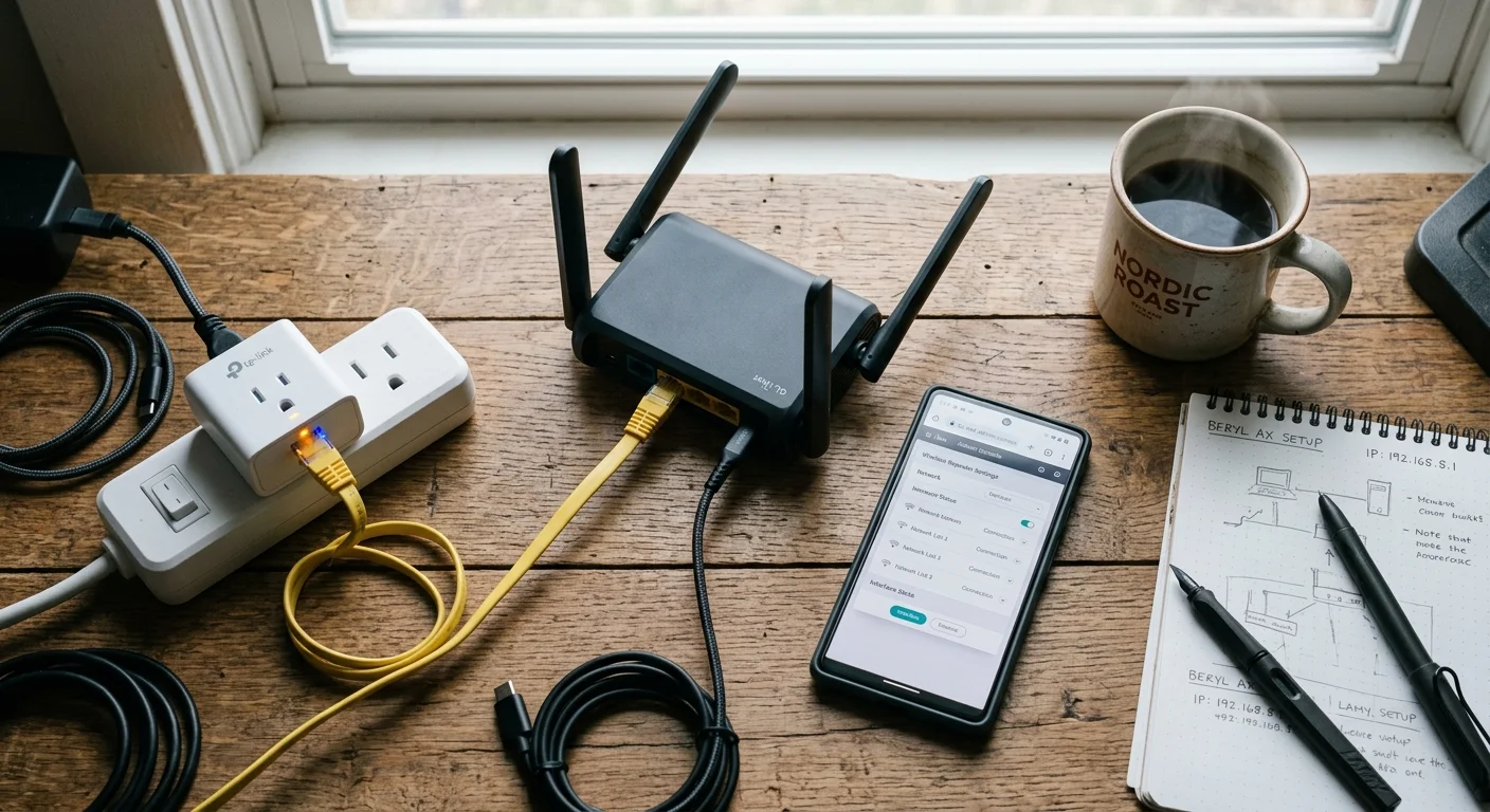A small black travel router connected via Ethernet to a smart plug on a power strip, next to a smartphone and notes.