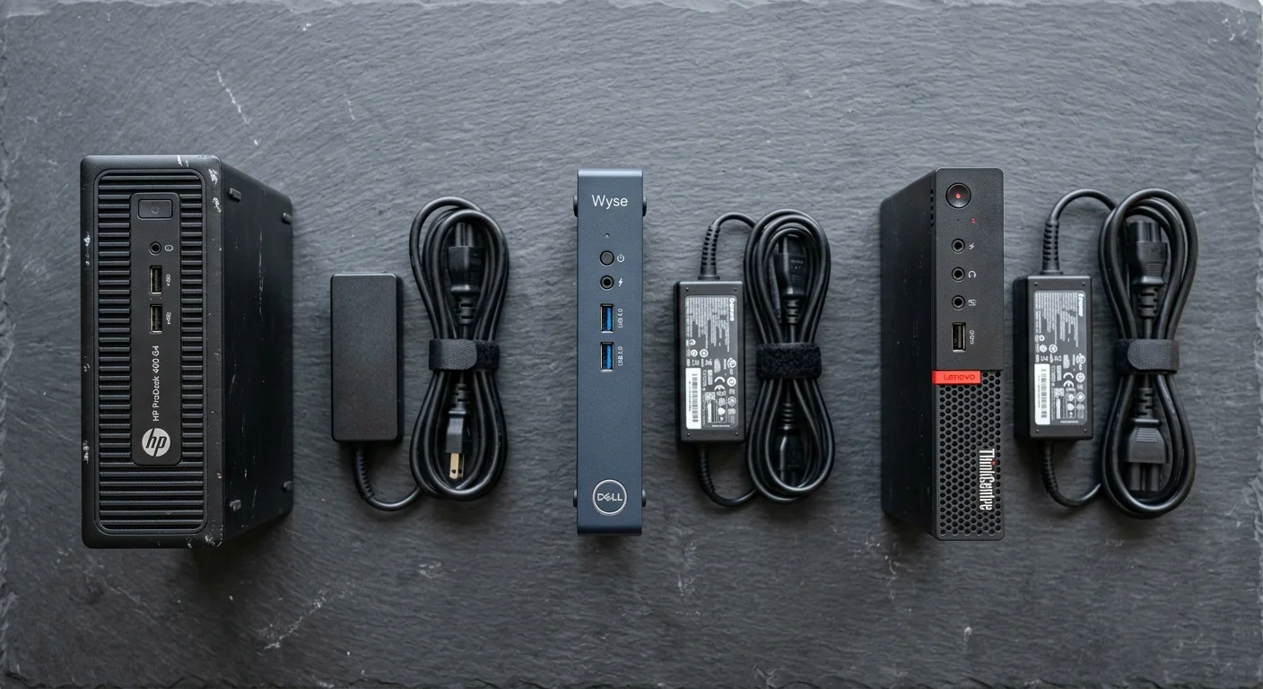 HP ProDesk, Dell Wyse, and Lenovo ThinkCentre mini PCs arranged in a row with their power adapters on dark slate.