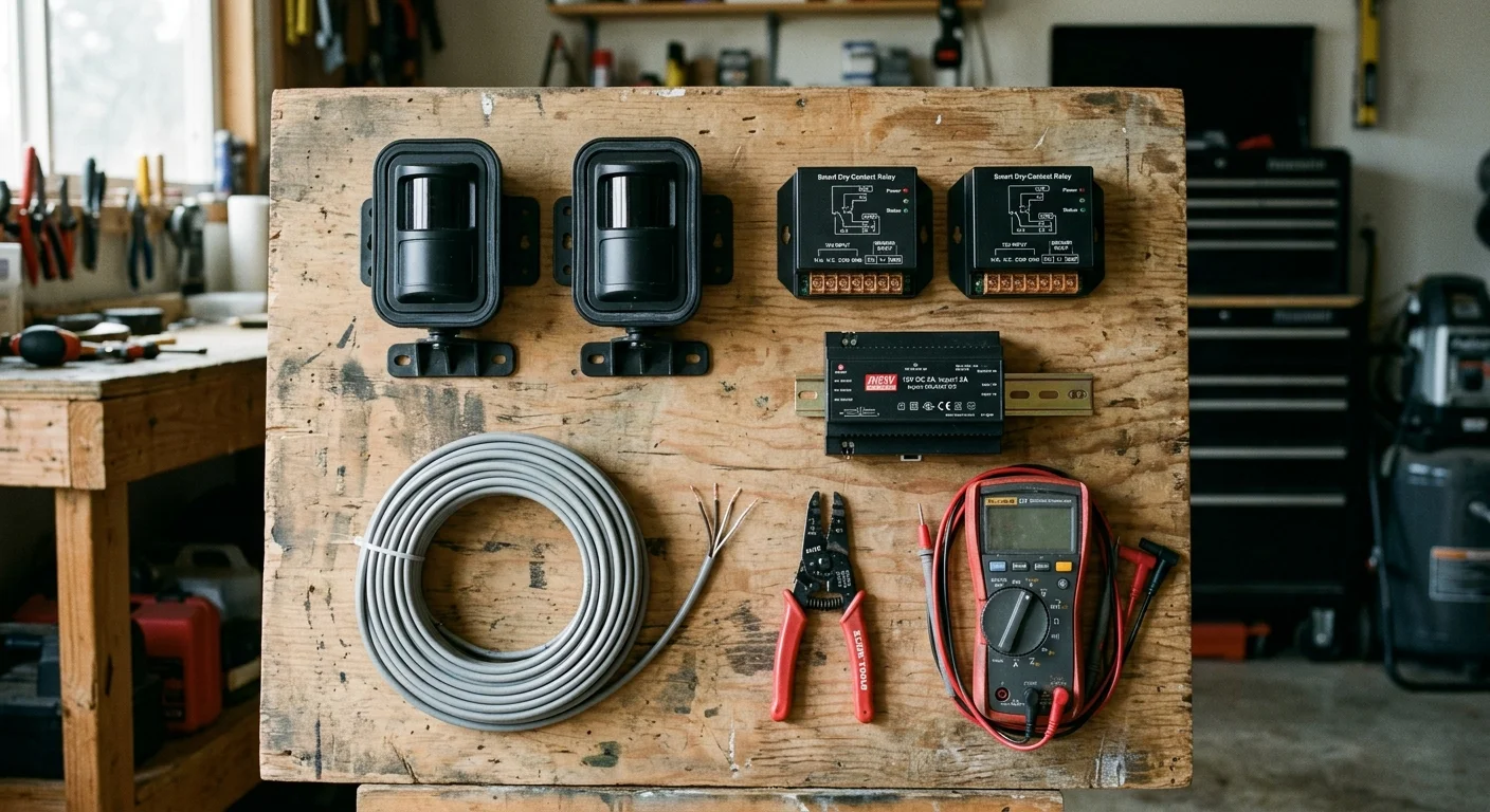 Wooden board mounted with two black motion sensors, two smart dry-contact relays, power module, wire coil, pliers, and multimeter.