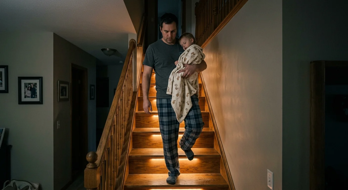 A man in pajamas carries a sleeping child wrapped in a blanket down wooden stairs illuminated by warm step lights.