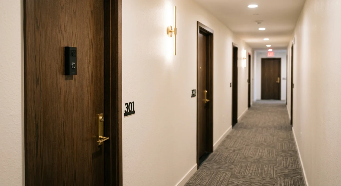 Carpeted apartment hallway with wooden doors, wall sconces, and a black peephole camera installed on door 301.