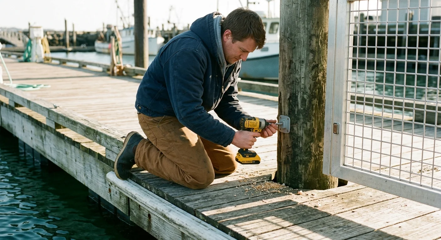 A man kneeling on a wooden dock uses a cordless drill to secure a metal bracket to a wooden piling beside a metal gate.