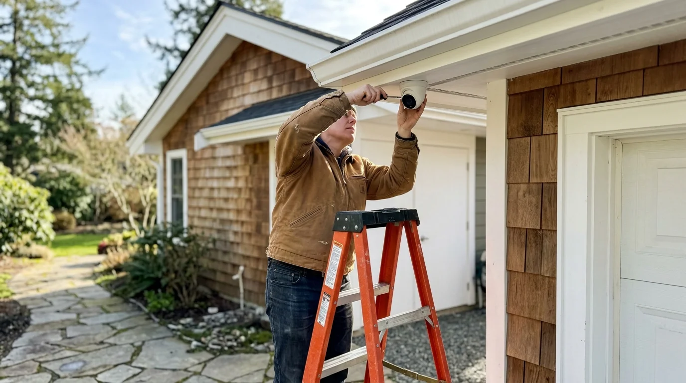 A person on an orange ladder installs a white dome security camera under the eaves of a shingled house.