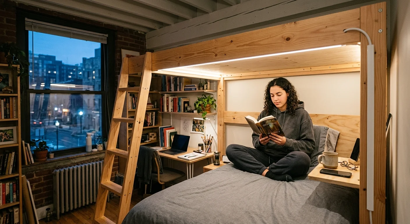 A person sits cross-legged on a wooden loft bed reading a book under an integrated warm LED light strip.