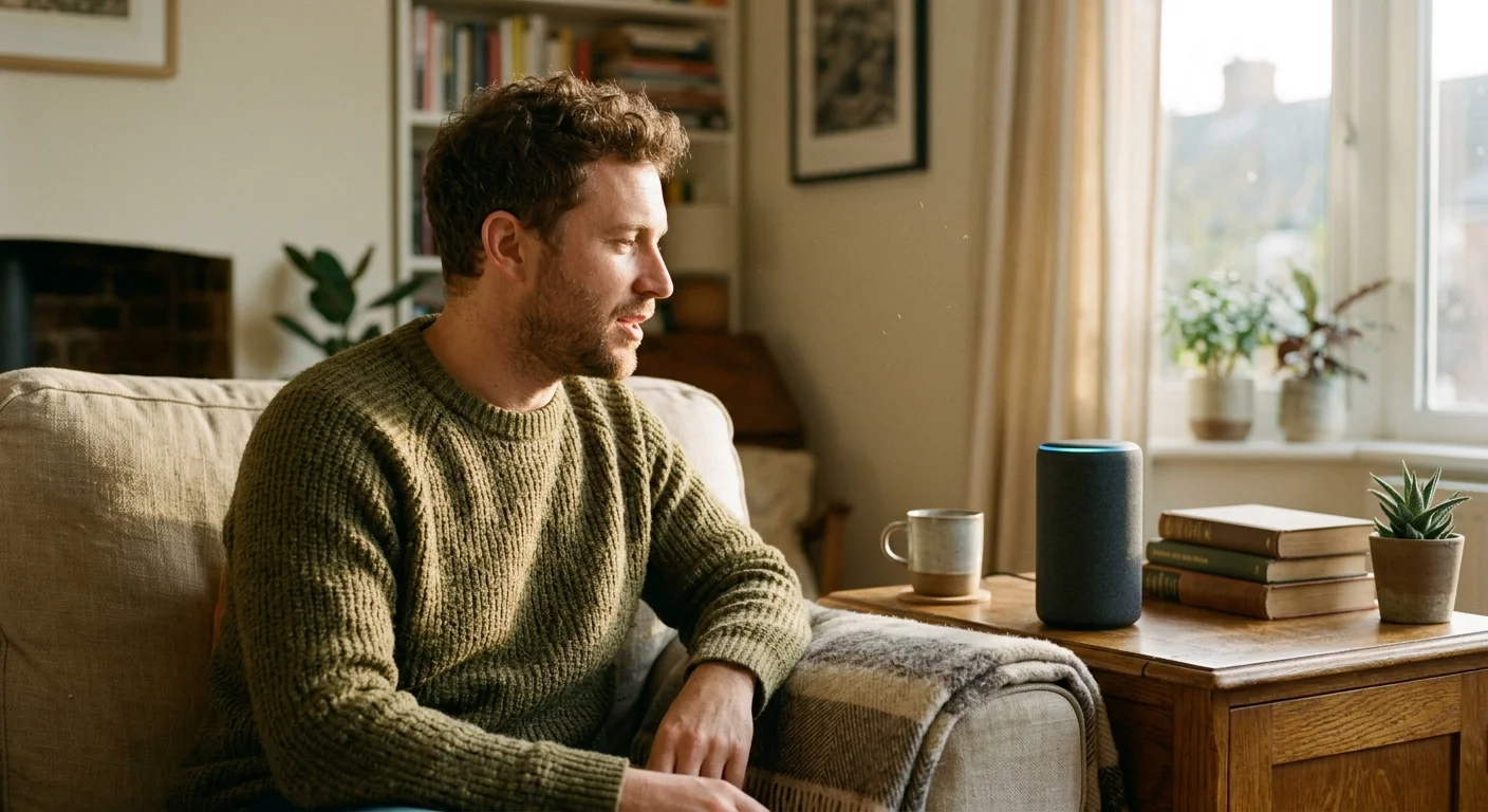 A man on an armchair speaks toward a cylindrical smart speaker resting on a wooden side table.