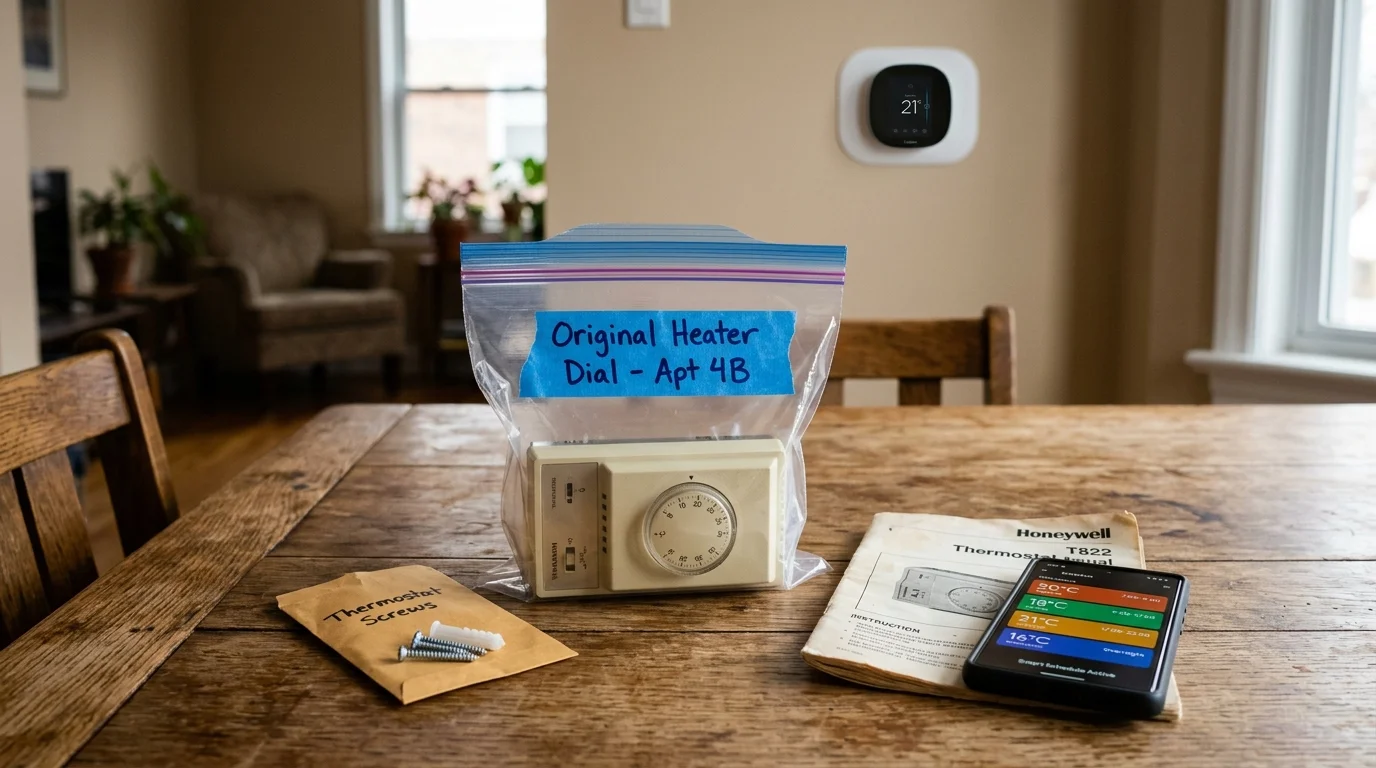 Old dial thermostat in a labeled plastic bag on a wooden table beside screws, a manual, a smartphone, and a wall thermostat.