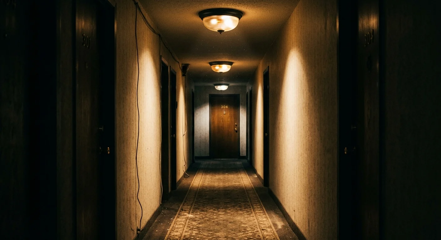 Dimly lit apartment corridor with patterned carpet, numbered doors, and glowing flush-mount ceiling lights receding into depth.