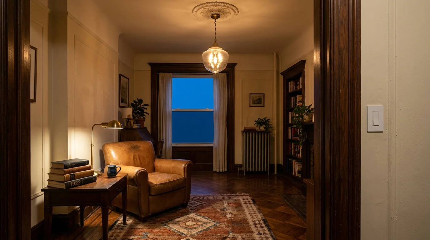 Cozy vintage living room viewed through a doorway with a leather armchair, warm pendant light, and a smart switch on the wall.