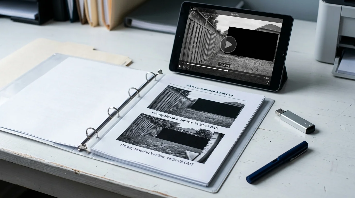 Binder open to an audit log next to a tablet displaying security camera footage with black privacy masks.