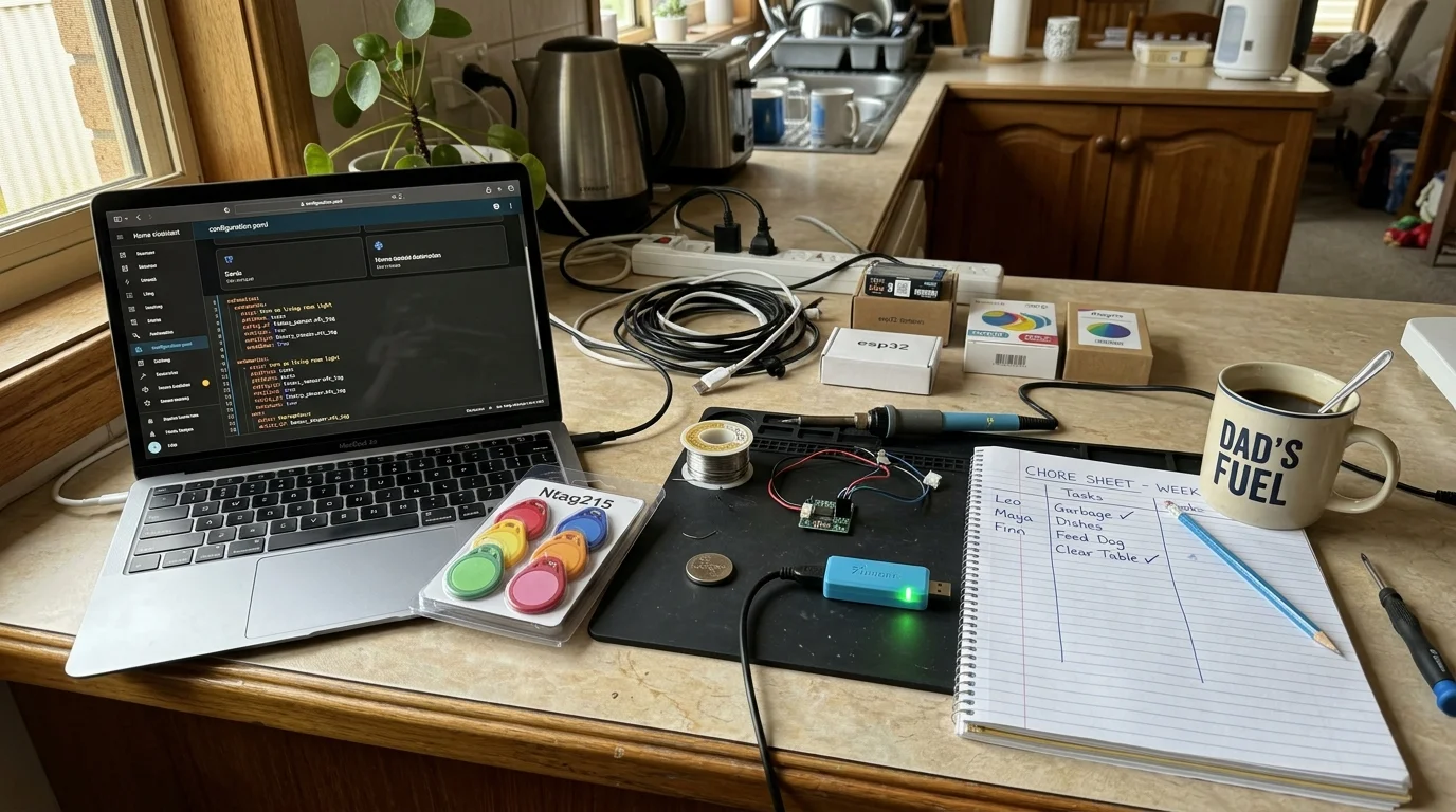 Laptop showing code beside NFC key fobs, an ESP32 box, soldering iron, USB dongle, and a handwritten chore sheet notebook.