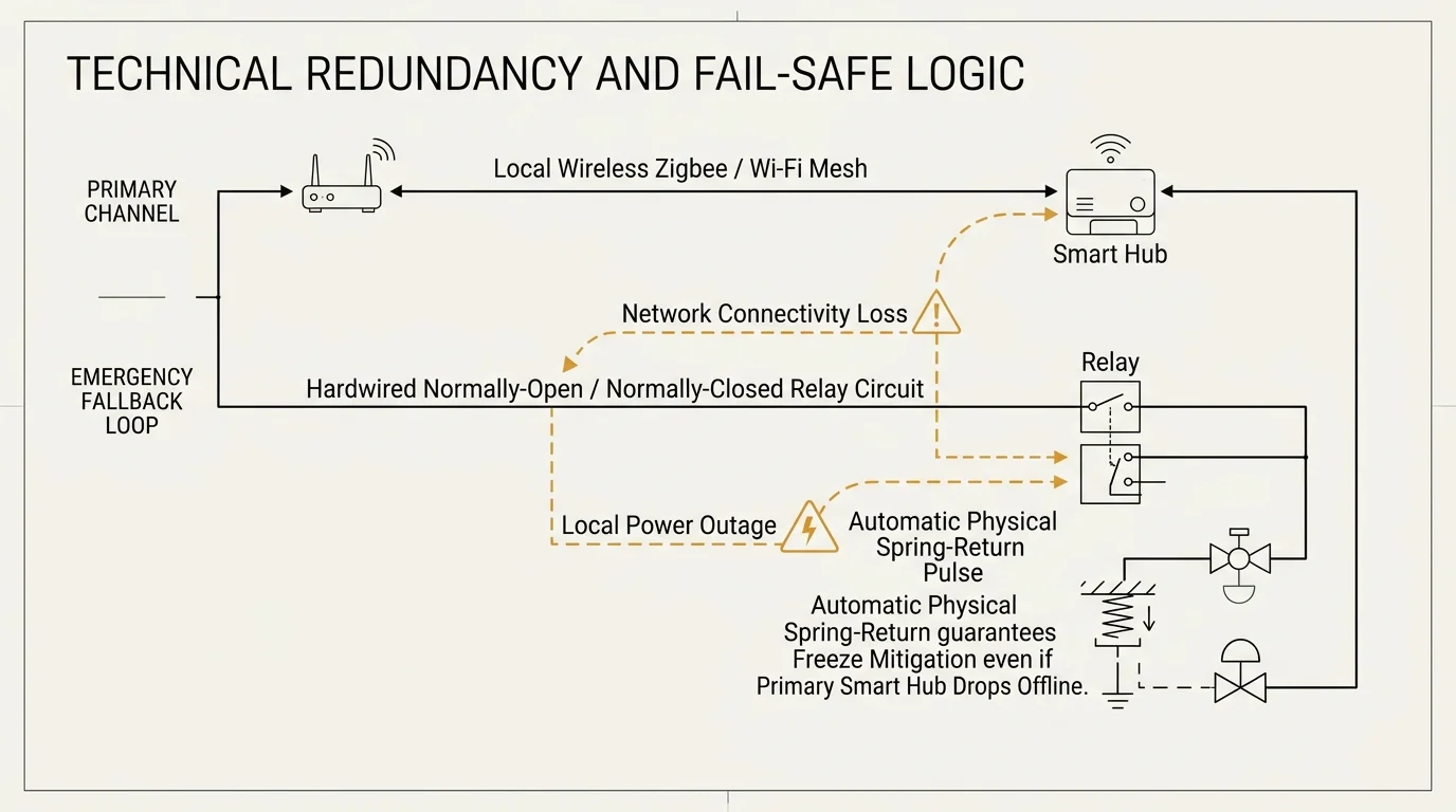 Technical redundancy and fail-safe logic diagram comparing primary wireless channels against emergency fallback relay circuits.