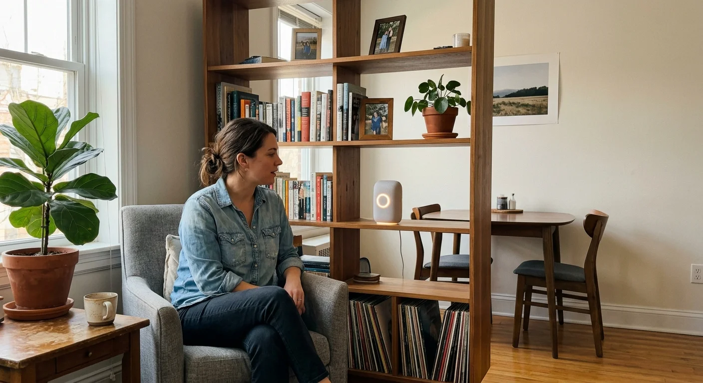 A woman sits in an armchair beside a tall wooden bookshelf holding books, plants, and an illuminated smart speaker.