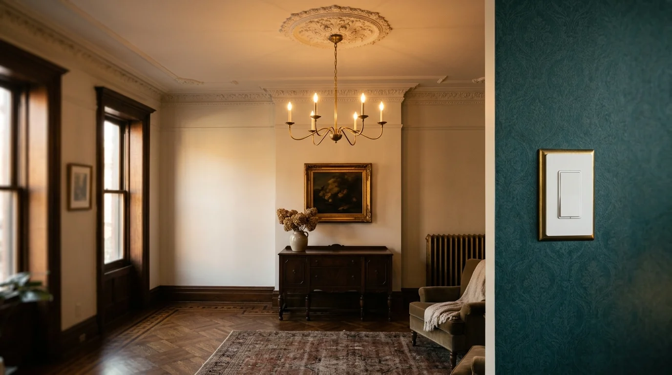 Historic living room with a brass chandelier, antique furniture, and a modern light switch on a green wallpapered wall.