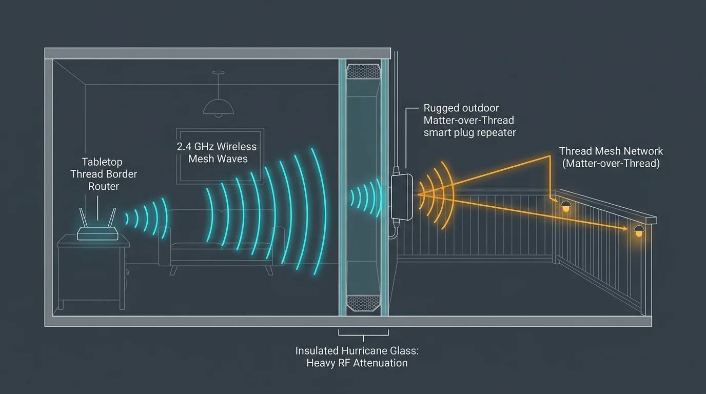 Diagram of indoor Thread router transmitting attenuated wireless signals through hurricane glass to an outdoor repeater.