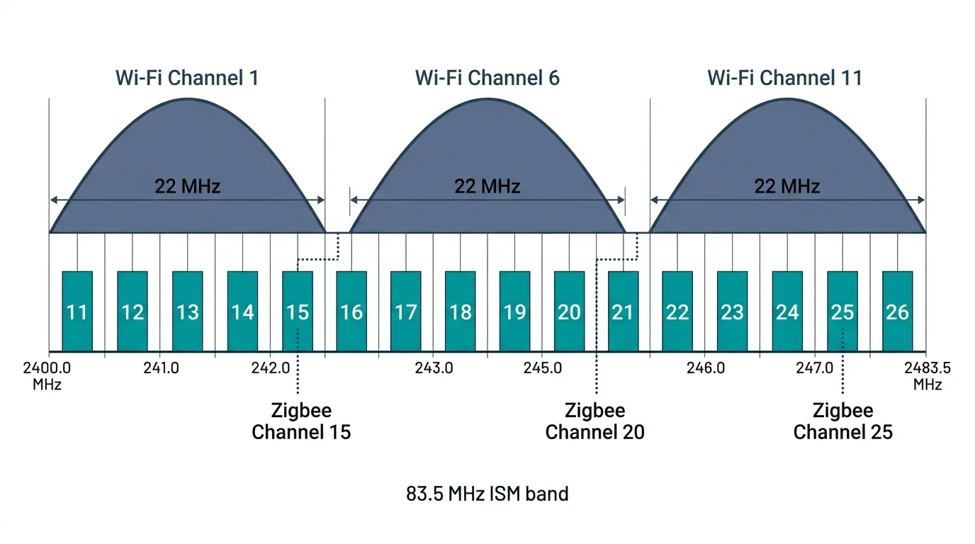 Diagram comparing Wi-Fi channels 1, 6, and 11 frequency curves over Zigbee channels 11 to 26 across the ISM band.