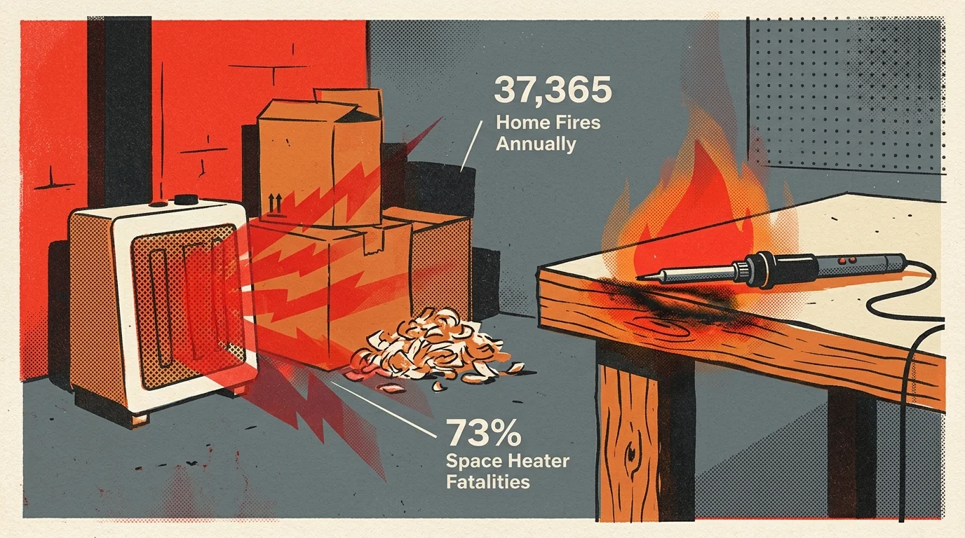 Illustration of a space heater radiating heat at cardboard boxes beside a burning soldering iron on a wooden workbench.