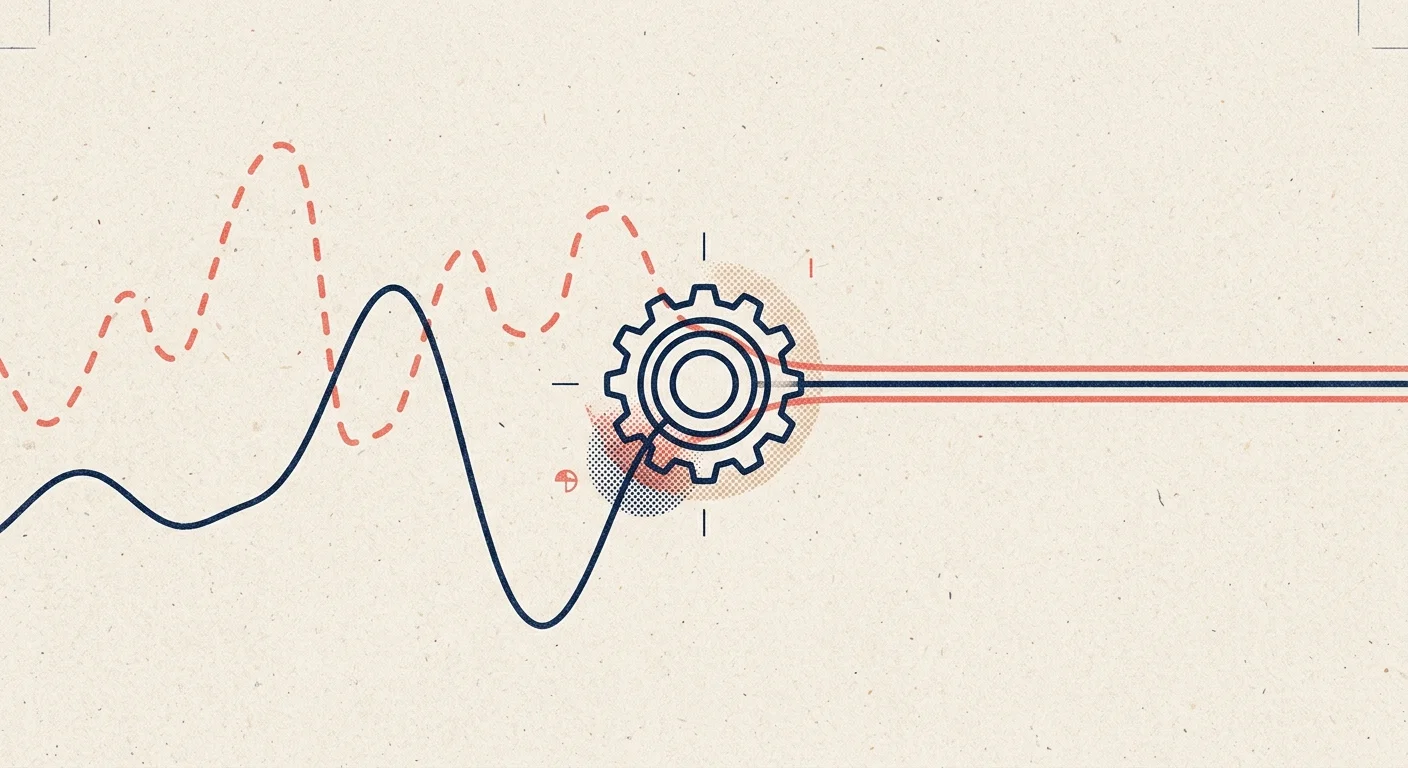 Minimalist illustration of wavy lines passing through a central gear icon and emerging as parallel straight lines.