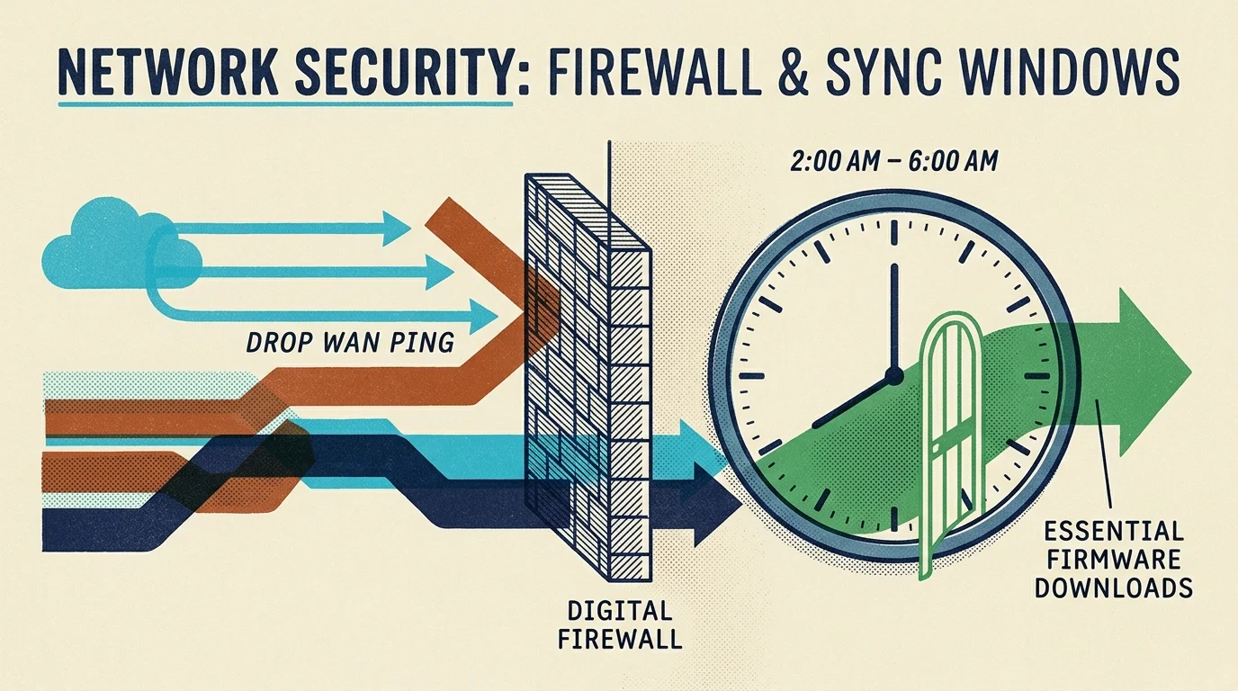 Diagram showing network traffic blocked by a digital firewall wall and routed through a clock with an open door.