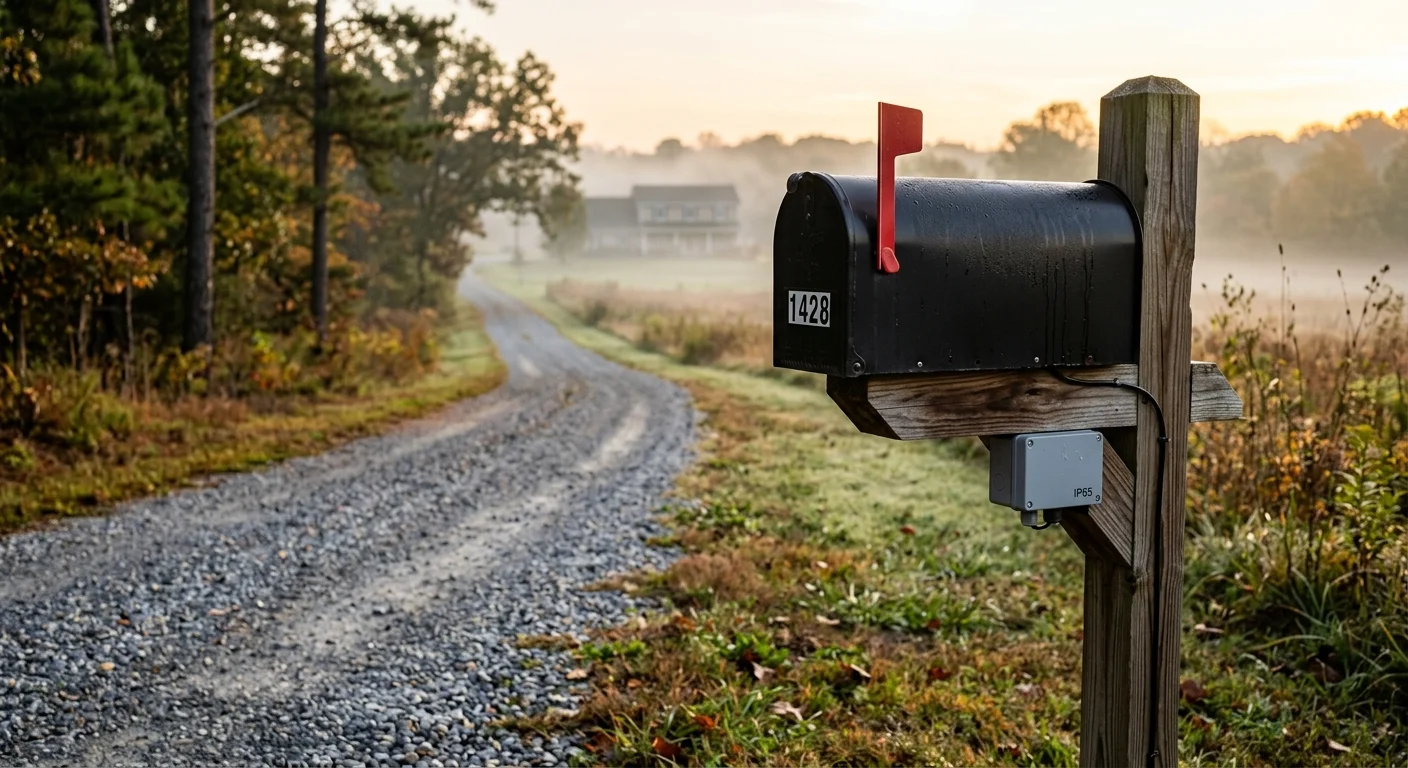 A black mailbox on a wooden post beside a long gravel driveway leading through misty fields toward a house.