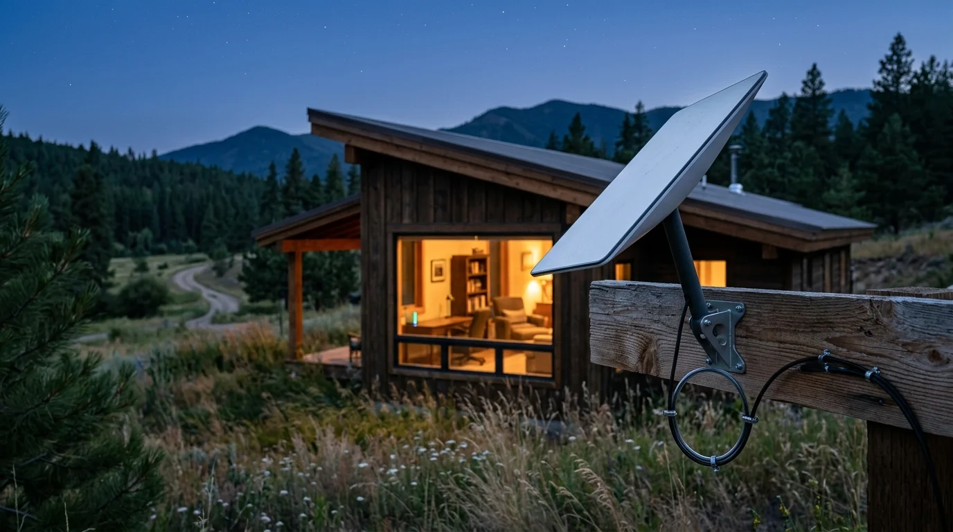 A satellite internet dish mounted on a wooden beam outside a rural cabin nestled in a forested mountain valley at dusk.