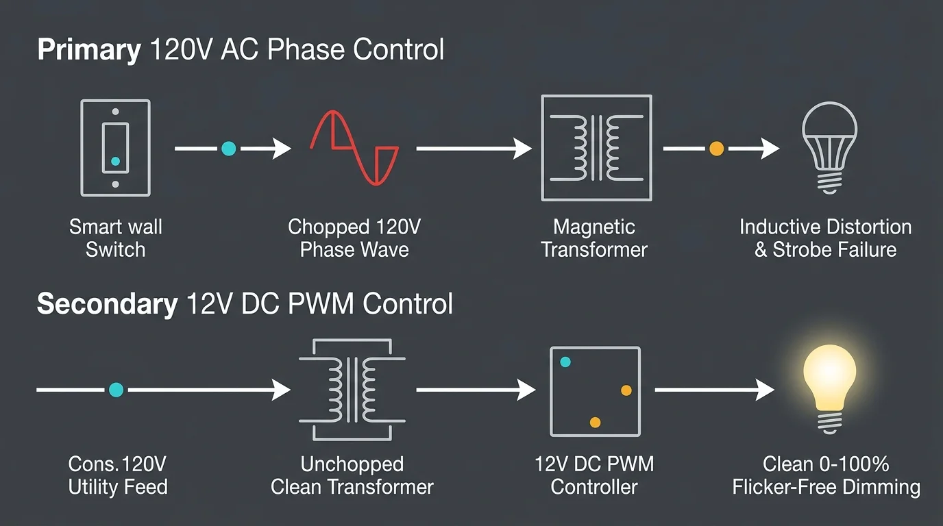 Diagram comparing primary 120V AC phase control causing distortion against secondary 12V DC PWM control with a lit bulb.
