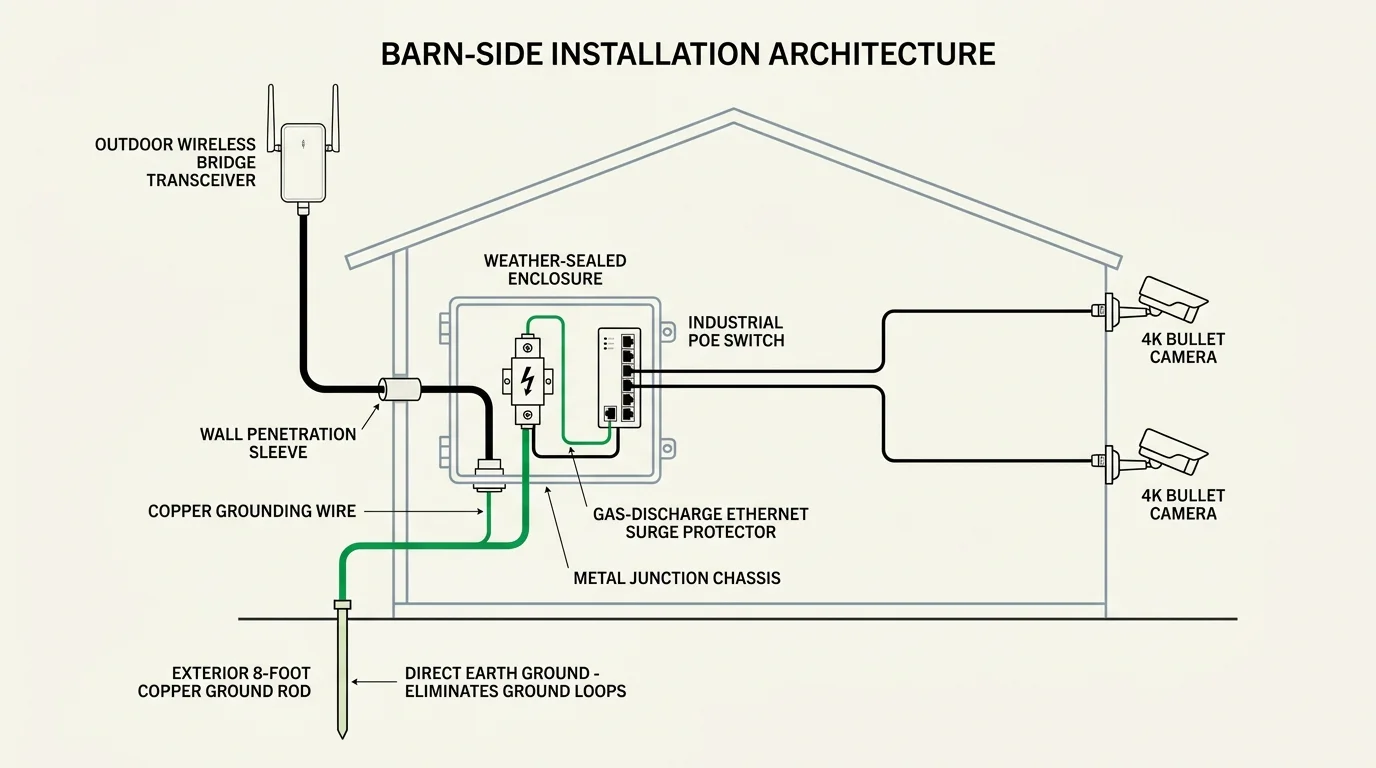 Diagram of barn-side PoE installation showing outdoor bridge, surge protector, switch, cameras, and copper ground rod.