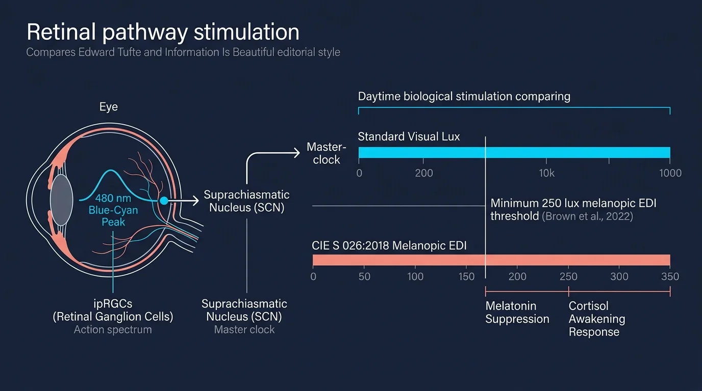Diagram of retinal pathway stimulation from the eye to the suprachiasmatic nucleus alongside visual lux and melanopic EDI scales.